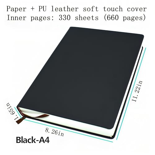 jooact Thick Sketchbook 660 Pages Notebook Soft Faux Leather Cover Journal 80GSM Paper Notepad Drawing Book Memo Writing Sketch Pad Diary Notebook - color: Black, size: A4