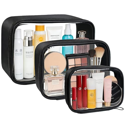 3Pack Clear Makeup Bags Set, Clear Travel Makeup Bag Waterproof Makeup Case Small Toiletry Bag with Zipper Portable Cosmetic Pouch Makeup Storage Bag Car Bag for Essentials - color: Black Set-2