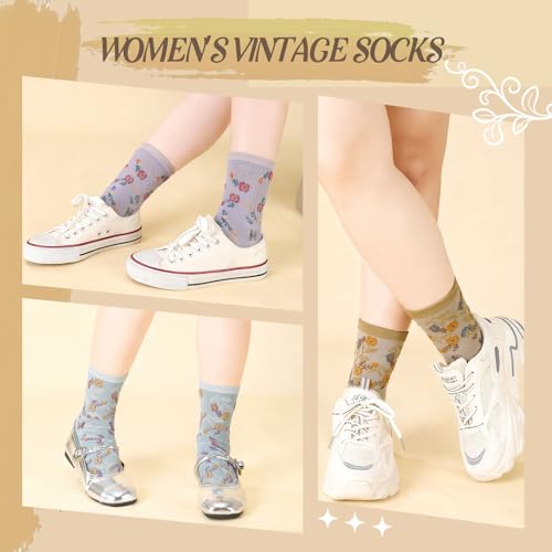 5/6 Pair Crew Socks for Women Floral Socks - color: White, Light Blue, Black, Yellow and Purple