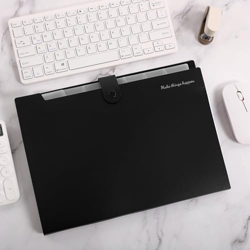 SKYDUE Expanding File Folders with Labels,8 Pockets Accordion File Organizer, Portable Document Paper Organizer, A4 Letter Size Filing Folder for Office, Pack of 4, Black - color: Black*4