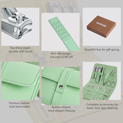 Manicure Set Professional Nail Clippers Pedicure Kit,16 pcs Stainless Steel - color: Green