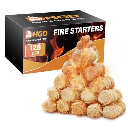 HGD Natural Fire Starters (128 Pcs) - Waterproof & Odorless Charcoal Starters for Fireplace, Campfire, BBQ, Grill, Fire Pit, Wood & Pellet Stove, Chimney, Pizza Oven & Smoker - Indoor & Outdoor Use - size: 128 pieces