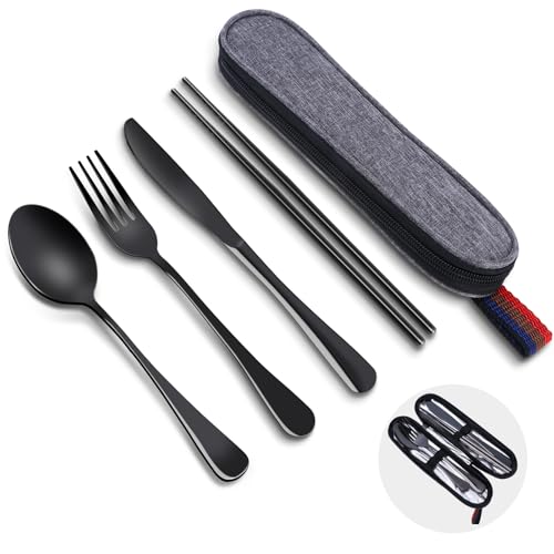 5 Piece Travel Utensils Set With Case, Stainless Steel, Black - color: Black