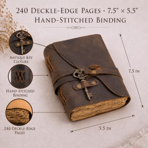 NomadCraftsCo Vintage Leather Journal, Handmade Deckle Edge Paper 240 Pages - color: Vintage Brown, size: 7.5" x 5.5"