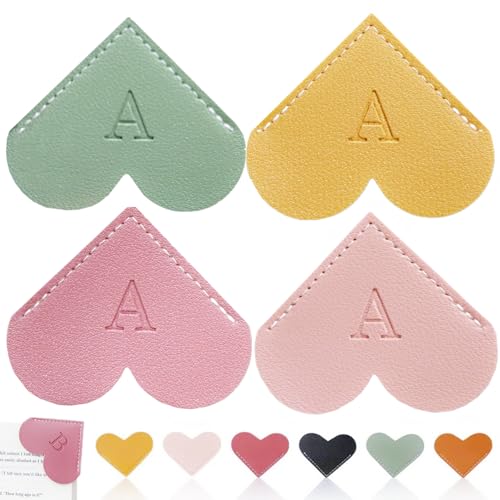4Pcs Personalized Leather Heart Bookmark26 Letters Customized Corner Book Mark for Reading, Book Holder Markers with Initials Page Accessories Cute Gifts (Light Pink+Deep Pink+Green+Light Brown, A) - color: Light Pink+deep Pink+green+light Brown, size: A