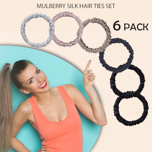 100% Mulberry Silk Hair Ties 6PCS, Silk Scrunchies for Women - color: 6Pcs(Apricot*1+Black*2+Lotus Pink*1+Navy*1+Silver Gray*1)