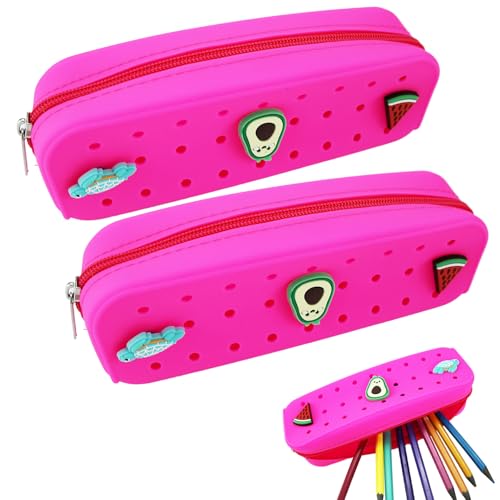 2 Packs Cute Silicone Pen Case Pen Pouch with DIY Holes and 3 Decoratives(Random) Travel Makeup Brush Bag suitable for travel home7.81inch (Hot Pink,2 Packs) - color: Hot Pink,2Packs