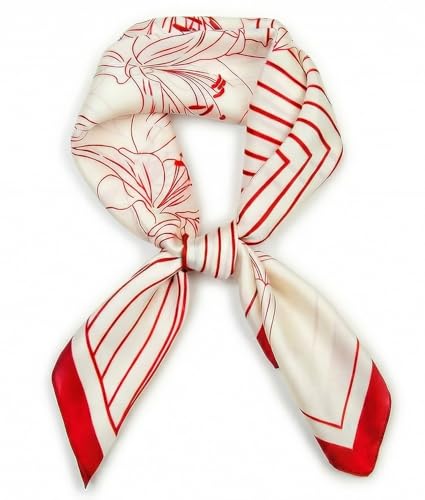 corciova Women’s Square Scarf 27.5 in (70 x 70 cm), Satin-Feel Polyester, Lightweight Fashion Scarf for Hair, Neck and Bag - color: Floral & Stripe (Ivory / Red)