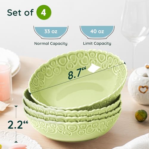 HOMBENE Heartbeat Pasta Bowls Set of 4, 40oz, Porcelain Wide and Shallow, Soup, Pasta, Noodle, Dinner, Large Salad Bowls Soup Bowl for Kitchen, Microwave & Dishwasher Safe (Mint Glow Green) - color: Mint Glow Green, size: 40oz