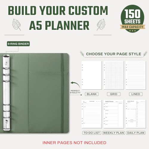 Ovesmusl Aesthetic A5 Binder 6 Ring, PU Leather Refillable Planner Cover - color: Green-flowers, size: A5