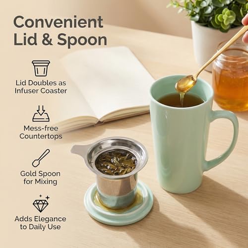 15 Ounce Porcelain Tea Mug with Infuser, Lid and Spoon, Loose Leaf Tea Cup (Mint Green) - color: Mint Green