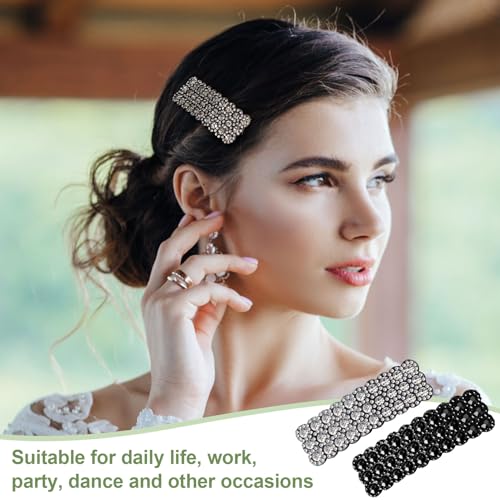 HINZIC 2Pcs Rhinestone Snap Hair Clips Sparkly Crystal Barrettes Silver Black Rectangular Hairpins Korean Wedding Party Accessories for Women