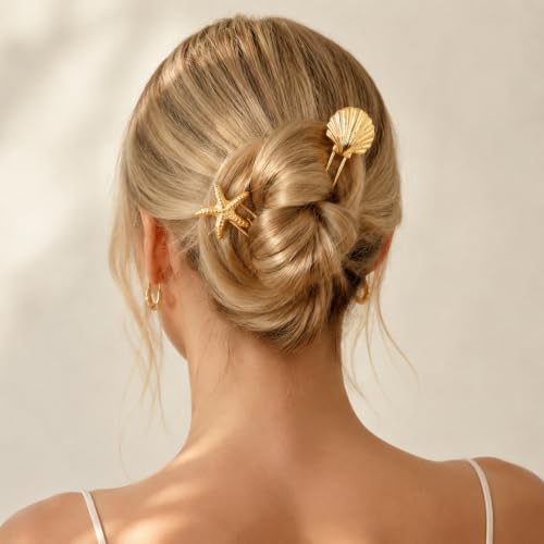 3PCS Ocean U Shaped Hair Pins for Women, Gold Shell Starfish Conch Bun Pins, Coastal Beach Hair Accessories, French Twist Hair Forks for Thick Thin Hair Summer Vacation - color: Gold