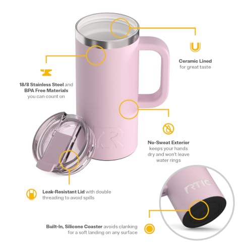 RTIC 16oz Road Trip Travel Mug with Lid and Handle, Ceramic Lined, Pale Pink - color: Pale Pink, size: 16 Ounces