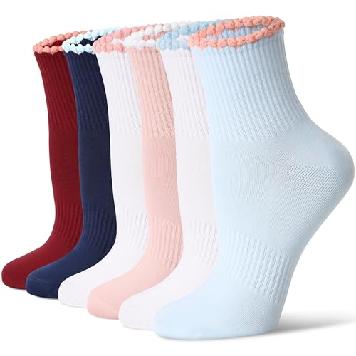 CS CELERSPORT Women's Mini Crew Ankle Socks with Scalloped Top,Pack of 6 - color: Heart Ruffle, size: Small