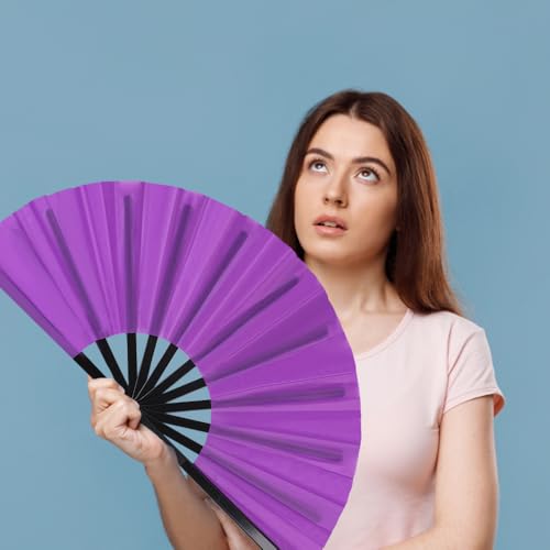 2 Pack Large Folding Hand Fan for Line Dance, Vintage Retro Fabric Popping Fans, Chinese Kung Fu Tai Chi Hand Fan for Festival, Dance, Gift, Performance, Decorations (Red&Purple) - color: Red&Purple