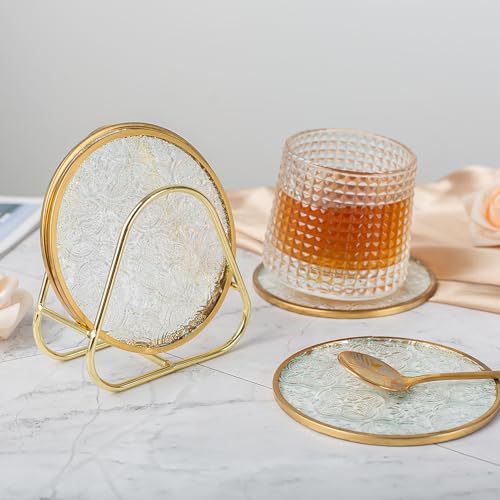 Glass Gold Coasters with Holder Set of 4, Round Cup Coaster Set with Carved Glass Stylish for Coffee Tea Wine Coasters for Bar Drink with Brass Edge Coasters Home Decor - color: Round Coasters With Holder