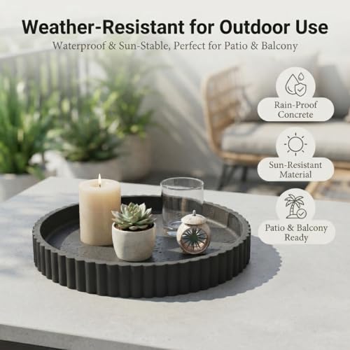 Round Solid Concrete Tray, Fluted Centerpiece for Coffee Table Decor 13" - color: Black