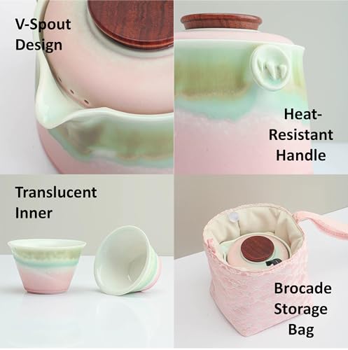 Hermit Life Chinese Travel Tea Set, Portable Ceramic Teapot for One to Two, Gongfu Tea Set with Color Gradient Design, 1 Pot 2 Cups, Gift for Tea Lovers (Pink&Pistachio Green) - color: Pink&Pistachio Green
