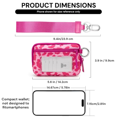 Small Wristlet Wallets for Women with Clear ID Window, Keychain Coin Purse - color: Hot Pink Leopard