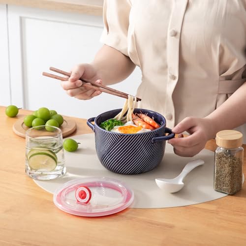Ceramic Ramen Bowl with Lid, 32oz Microwave Safe, Navy Blue - color: Navy