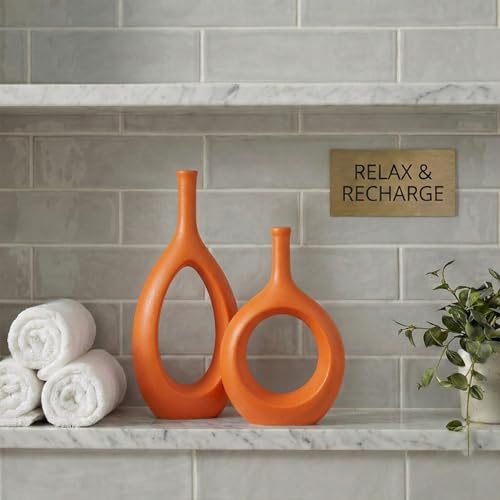 Orange Ceramic Hollow Elliptical Vase Set of 2 - Boho Circle Vase with Hole, for Modern Orange Table Decor, Living Room Decor Shelf mid Century Modern Home Entrance Decorative vase - color: Orange