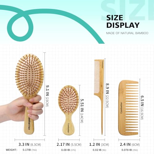 Bamboo Hair Brush and Comb Set for Hair Growth & Scalp Massager