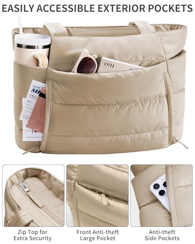 Bagstellar Puffer Tote Bag for Women, Lightweight Puffy Travel Gym Work Bag - color: Camel