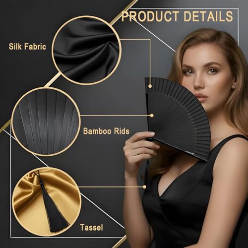 Lysa Hand Fan for Women Foldable - Portable Folding Japanese Chinese Fan - for Hot Flashes, Summer Cooling, Festivals, Church, Dancing (Solid Black) - color: Solid Black