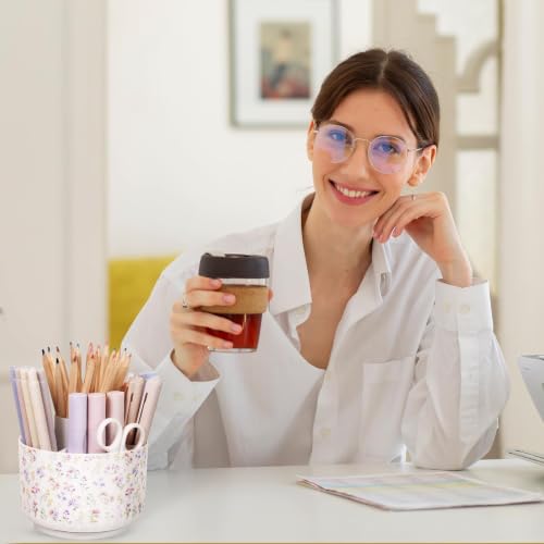SKYDUE Rotating Pencil Pen Holder for Desk, Pencil Cup with 5 Slots - color: Floral