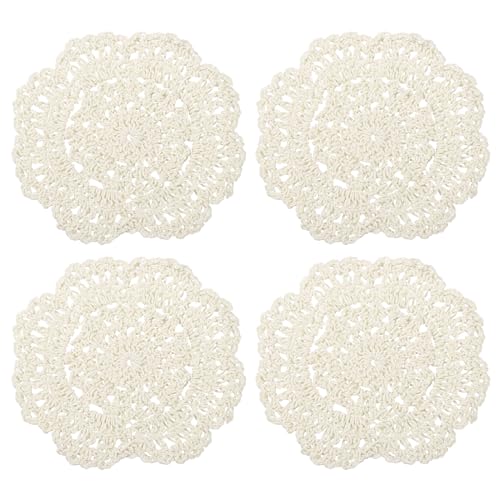 Crochet Doilies, 4Pcs 4" - Cotton Woven Fabric Coasters, Lace Round Handmade Coasters with Floral Pattern for Wedding Party Decoration (Beige)
