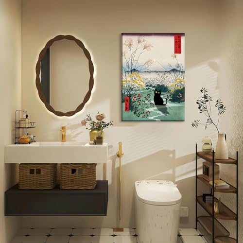 Framed Japanese Black Cat Canvas Wall Art Edo Period Mount Fuji Wall Decor Funny Cute Cat Animal Posters Pictures Japanese Ukiyoe Art Aesthetic Minimalism Painting Prints Bathroom Home Artwork