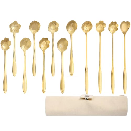 12 Pcs Flower Coffee Tea Spoons Set with Storage Bag, 4 Long & 8 Short Stainless Steel Teaspoons for Sugar Dessert Ice Cream Stirring, Cute Fancy Tableware for Tea Party Kitchen Cafe Bar(Gold) - style: Gold