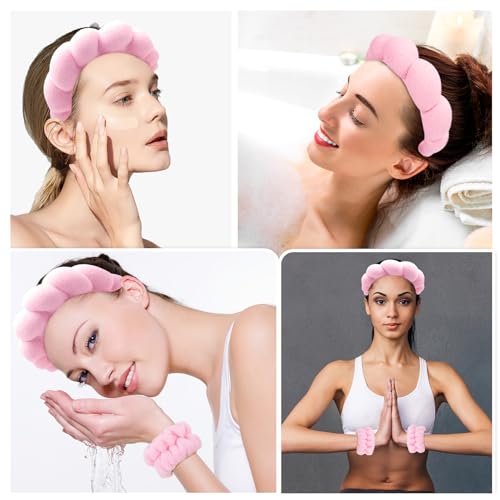 Zkptops Spa Headband for Washing Face Wristband Set Sponge Makeup Skincare Headband Terry Cloth Bubble Soft Get Ready Hairband Women Girl Puffy Padded Headwear Non Slip Thick Hair Accessory(Pink-2) - color: ZC Pink-2