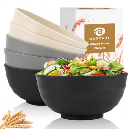 Wheat Straw Bowls Sets of 6, 60oz Large Plastic Bowl Reusable, Unbreakable Ramen Bowl, Microwave and Dishwasher Safe Soup Bowls for Kitchen, Camping, RV, Party - BlackBeige - color: Blackbeige, size: 60 Oz