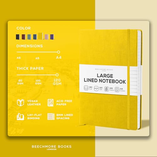 BEECHMORE BOOKS Lined Journal Notebook, 8.5" x 11.5", A4 160 Lined Pages, Hardcover Leather Journals for Women, Men, Writing and Notebooks for Work - 120 GSM Thick Paper, Gifts Box Included - color: Sunshine Yellow, size: A4 - 8.5" x 11.5" Large