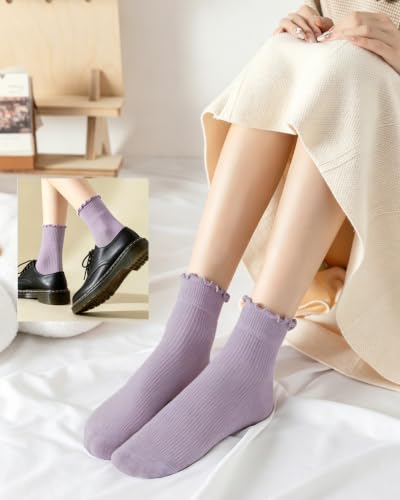 DQCUTE Women's Ruffled Ankle Cotton Crew Socks, 6 Pairs - color: 2 Light Purple + 2 Grayish Purple + 2 White (6 Pairs)