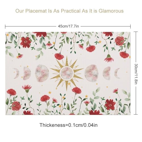 Boho Floral Placemats Set of 4, 12x18 Inch Witchy Moon Tarot Phase Gothic Red Wild Flower Bohemia Mystical Holiday Farmhouse Coffee Table Mats for Party Kitchen Dining Decoration - color: Pm-floral Moon02, size: 4pcs