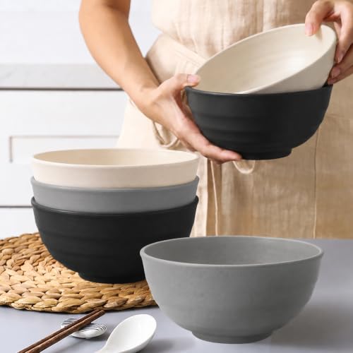 Wheat Straw Bowls Sets of 6, 60oz Large Plastic Bowl Reusable, Unbreakable Ramen Bowl, Microwave and Dishwasher Safe Soup Bowls for Kitchen, Camping, RV, Party - BlackBeige - color: Blackbeige, size: 60 Oz