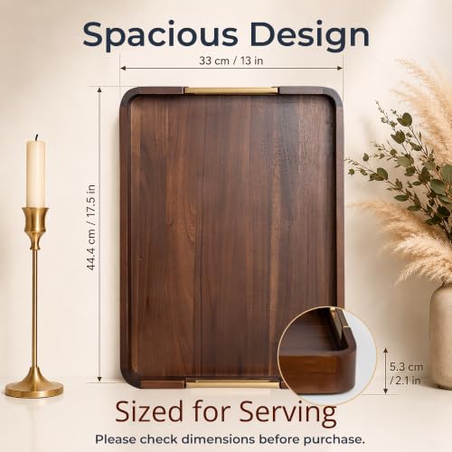 100% Acacia Wooden Serving Tray with Gold-Tone Aluminum Handles