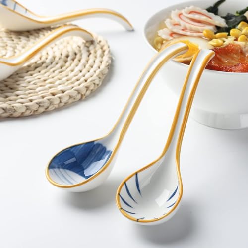 Soup Spoons Set of 4 Japanese Korean Curved Handle Ceramic Ramen Soup Spoon - style: Style 2