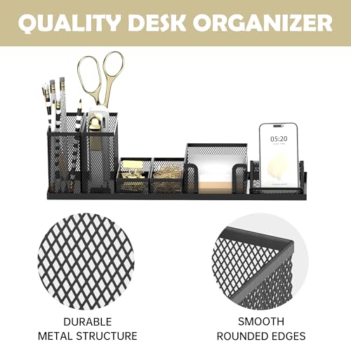 Pen Holder for Desk, 6-Piece Mesh Desk Organizer with Phone Holder, Black - color: Black