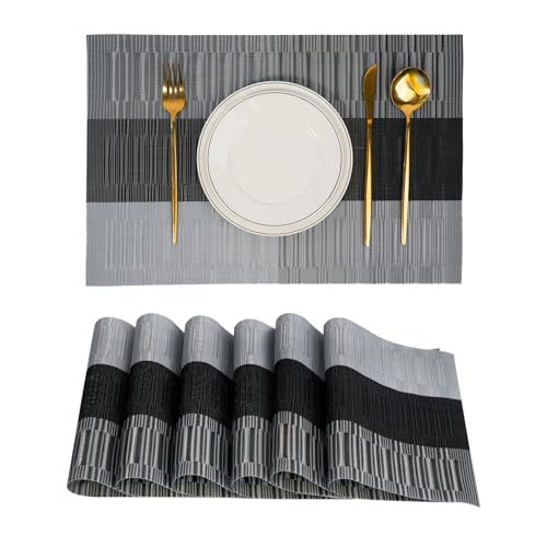 Placemats Set of 6，Non-Slip PVC Weave Table Mats Easy to Clean，Heat Resistant Place Mats for Kitchen Dining Table Decoration Indoor Outdoor，Black Gray - color: Black Gray