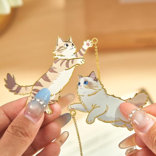 4 Pcs Cute Metal Cat Bookmarks with Chain Yarn Ball Charms for Book Lovers - color: Cat