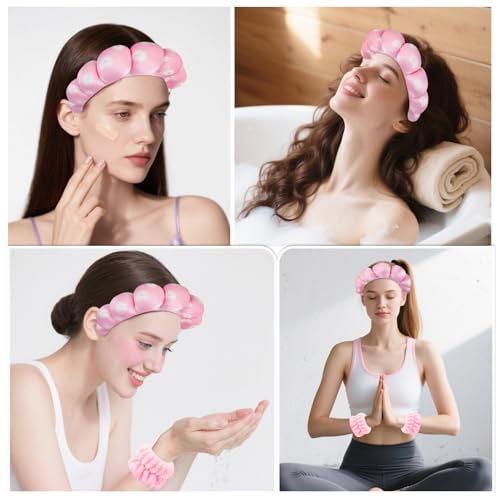 Zkptops Spa Headband for Washing Face Wristband Set Sponge Makeup Skincare Velvet Fabric Bubble Soft Get Ready Hairbands for Women Puffy Headwear Non Slip Thick Thin Hair Accessory (Pink Nuts) - color: ZYI Nuts Pink
