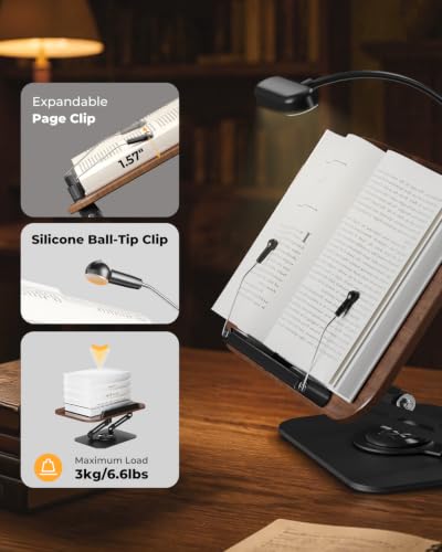 Book Stand with Reading Light, 360° Rotating Book Holder for Desk, Foldable Cookbook Stand with Page Clips, Height & Angle Adjustable Reading Stand for Textbooks, Tablets - color: Dark Wood With Light