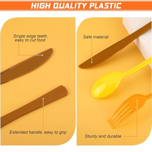 Kochorie 300 Pieces Thanksgiving Plastic Silverware Fall Heavy Duty Utensils Set Heavyweight Disposable Flatware Includes Orange Yellow Brown Spoons Forks Knives for Thanksgiving Dinner Party Supplies - color: Yellow, Orange, Brown