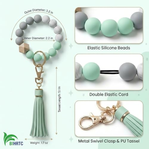 BIHRTC Key Ring Bracelet Car Keychain Holder Wristlet Silicone Women Beaded Bangle Chains - color: Green