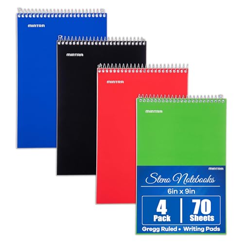Mintra Office Steno Books Set - Top-Spiral Bound, Gregg Ruled, 70 White Sheets, Poly Primary Color Covered Notebooks for Office, Professional, School & Work, Note-taking, Writing Pads, 6"x9", 4 Pack - color: Primary Colors 4pk, size: Gregg Ruled