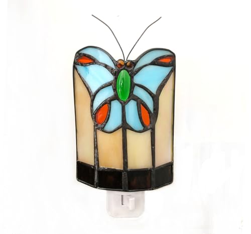 HUIMEIJU Tiffany Butterfly Colored Glass Wall Insert Night Light, Handmade Art Glass Room Light